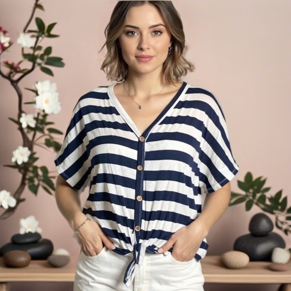 Boutique Tops - Gray black white and striped oversize Top knot detail Medium NWT